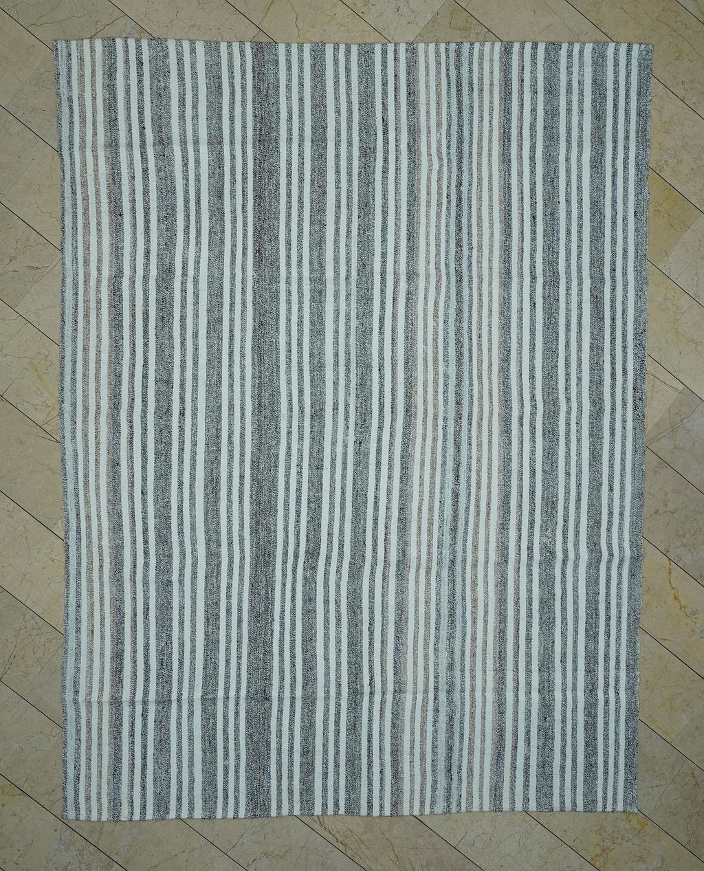 8x10 Oversized Kilim Rug: Minimalist White & Gray Striped Cotton Goat Hair Woven Rugs