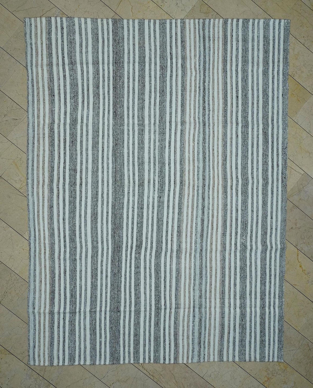8x10 Oversized Kilim Rug: Minimalist White & Gray Striped Cotton Goat Hair Woven Rugs