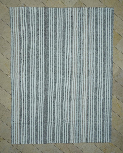 8x10 Oversized Kilim Rug: Minimalist White & Gray Striped Cotton Goat Hair Woven Rugs