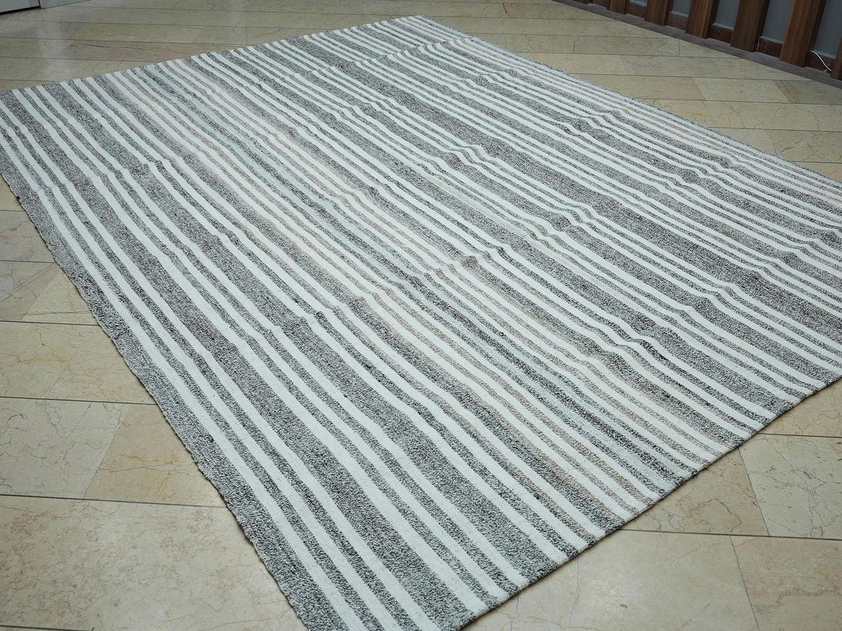 8x10 Oversized Kilim Rug: Minimalist White & Gray Striped Cotton Goat Hair Woven Rugs