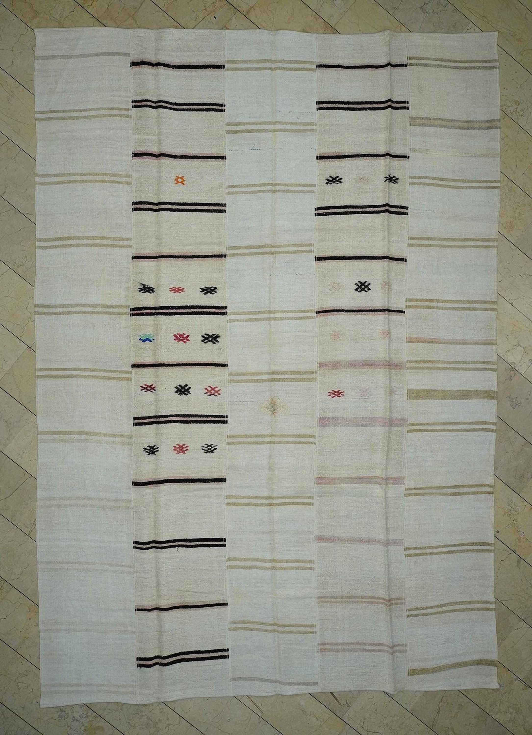 Cream Beige Kilim Patchwork Rug: 9,6x13,7 ft, Vintage Anatolian Hemp Rugs