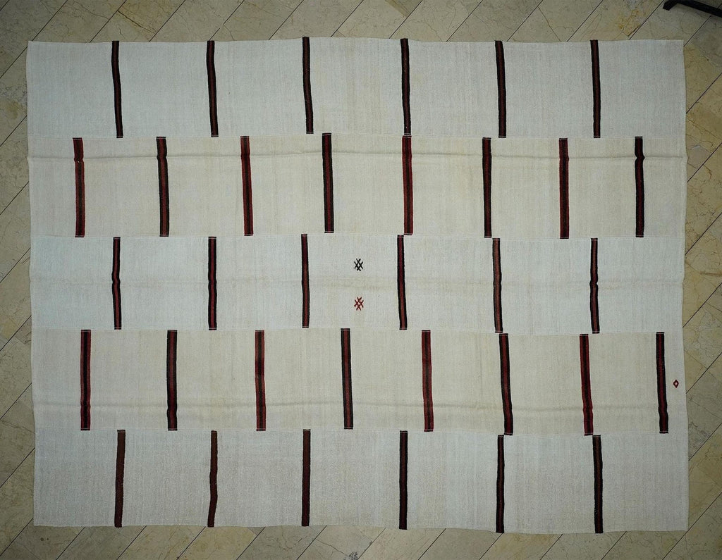 Red Stripe Cream White Vintage Turkish Hemp Kilim Rug: 11x14