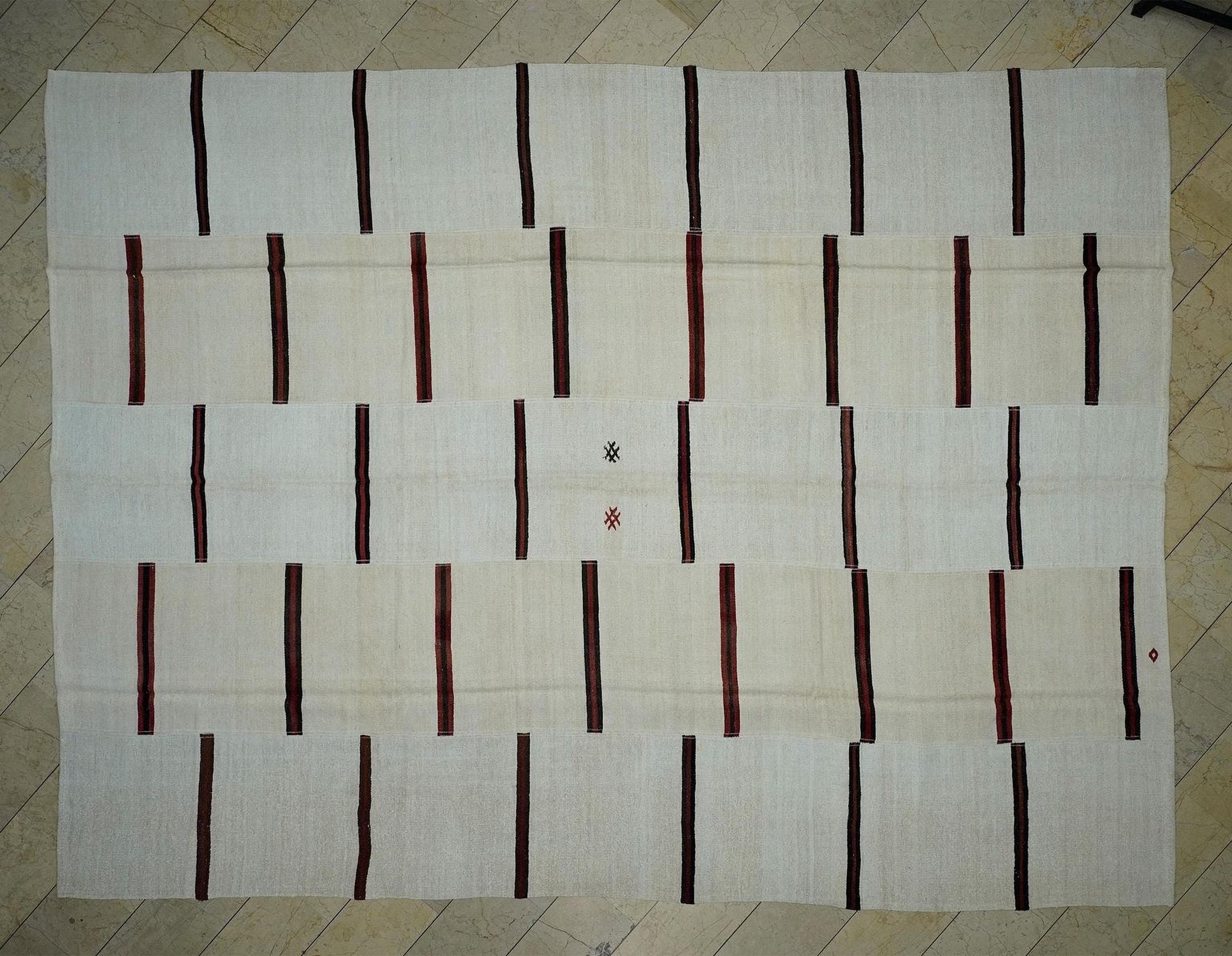 Red Stripe Cream White Vintage Turkish Hemp Kilim Rug: 11x14