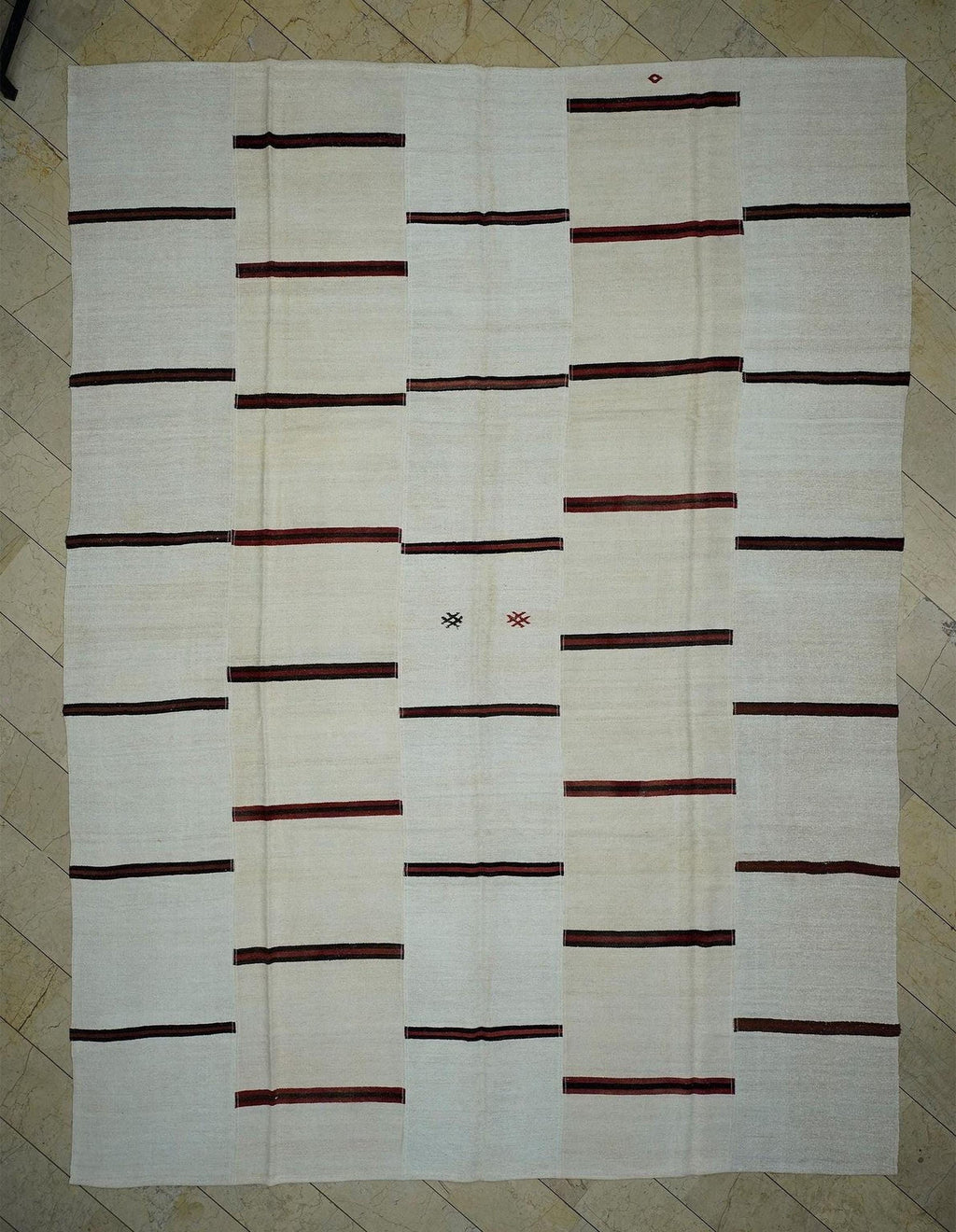 Red Stripe Cream White Vintage Turkish Hemp Kilim Rug: 11x14
