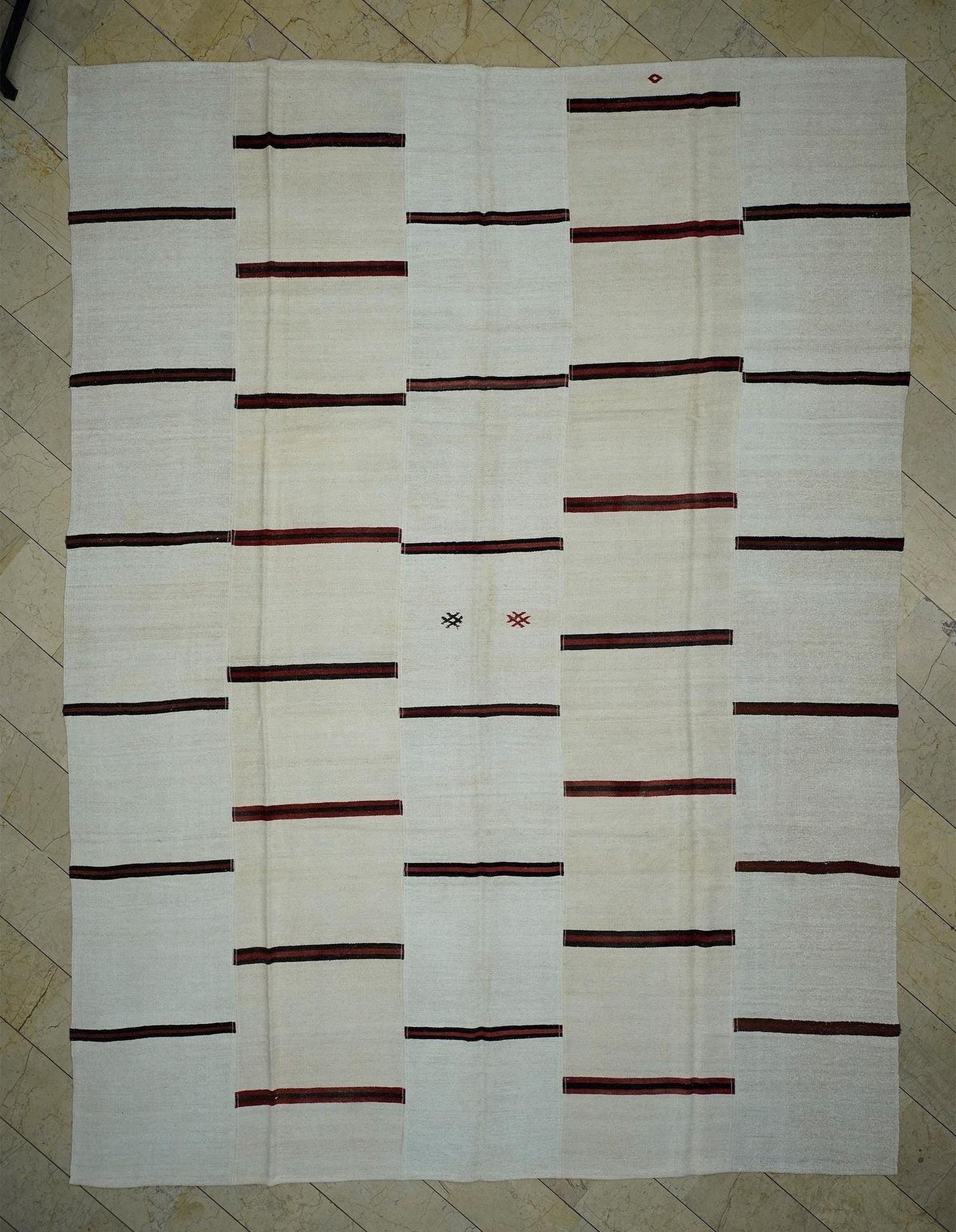 Red Stripe Cream White Vintage Turkish Hemp Kilim Rug: 11x14