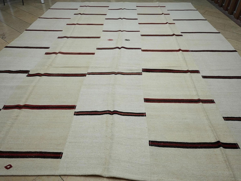 Red Stripe Cream White Vintage Turkish Hemp Kilim Rug: 11x14
