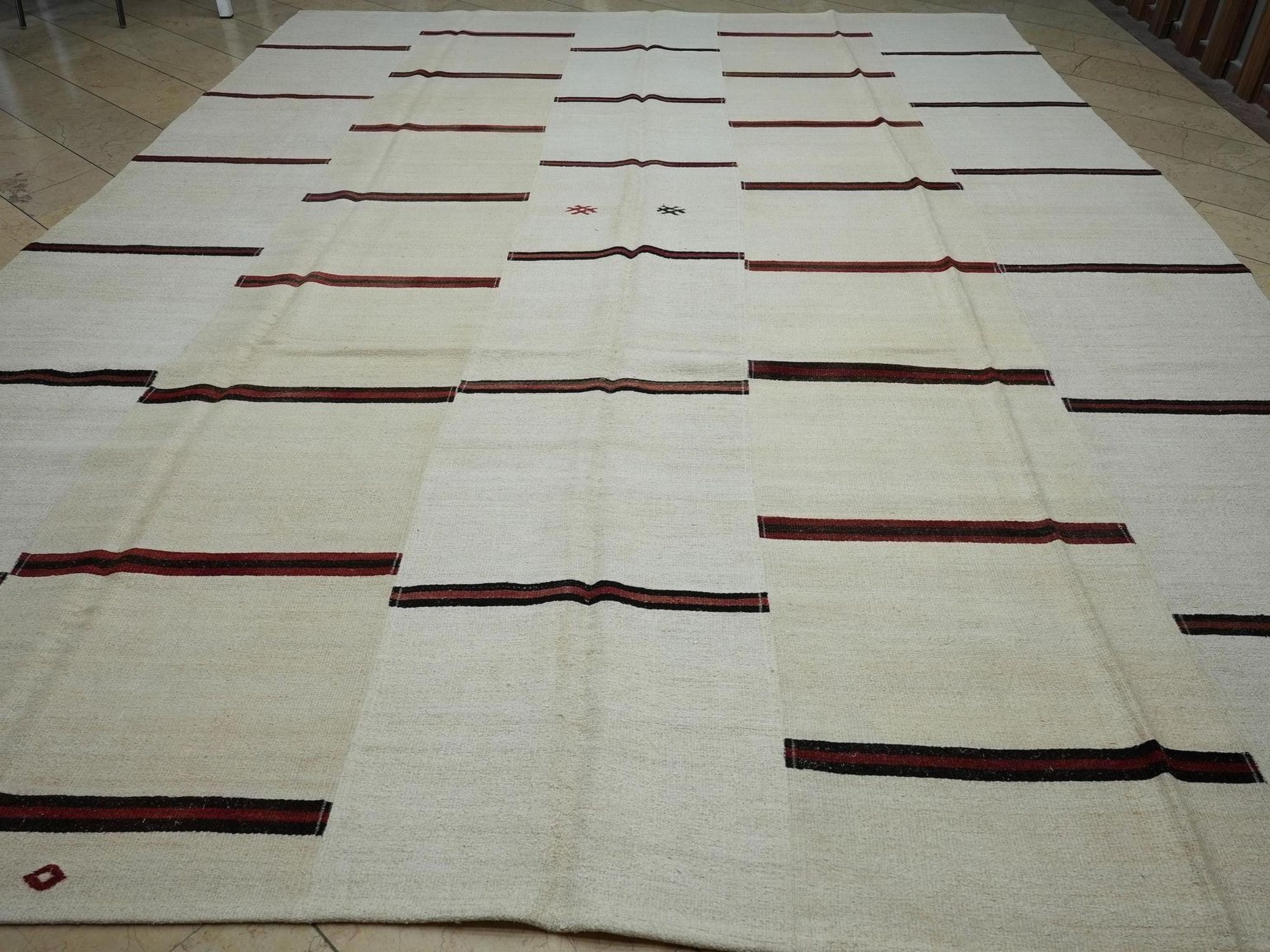 Red Stripe Cream White Vintage Turkish Hemp Kilim Rug: 11x14