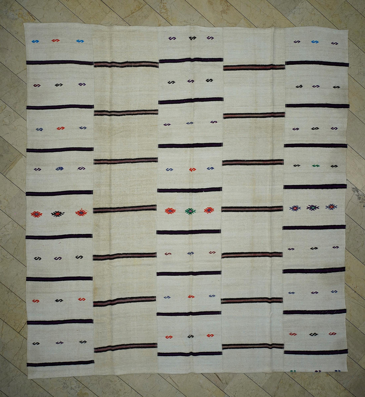 Square Size Vintage Hemp Kilim Rug: Minimalist Stripe Pattern Rugs,12x12.8 ft