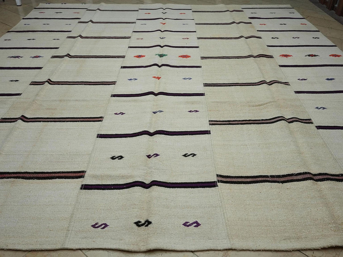 Square Size Vintage Hemp Kilim Rug: Minimalist Stripe Pattern Rugs,12x12.8 ft