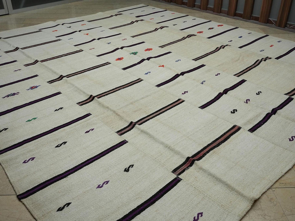 Square Size Vintage Hemp Kilim Rug: Minimalist Stripe Pattern Rugs,12x12.8 ft