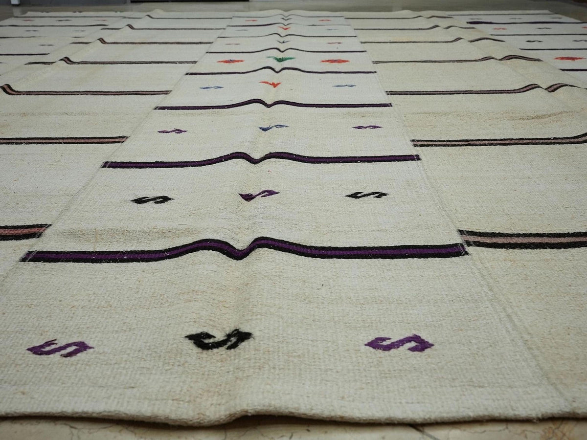 Square Size Vintage Hemp Kilim Rug: Minimalist Stripe Pattern Rugs,12x12.8 ft