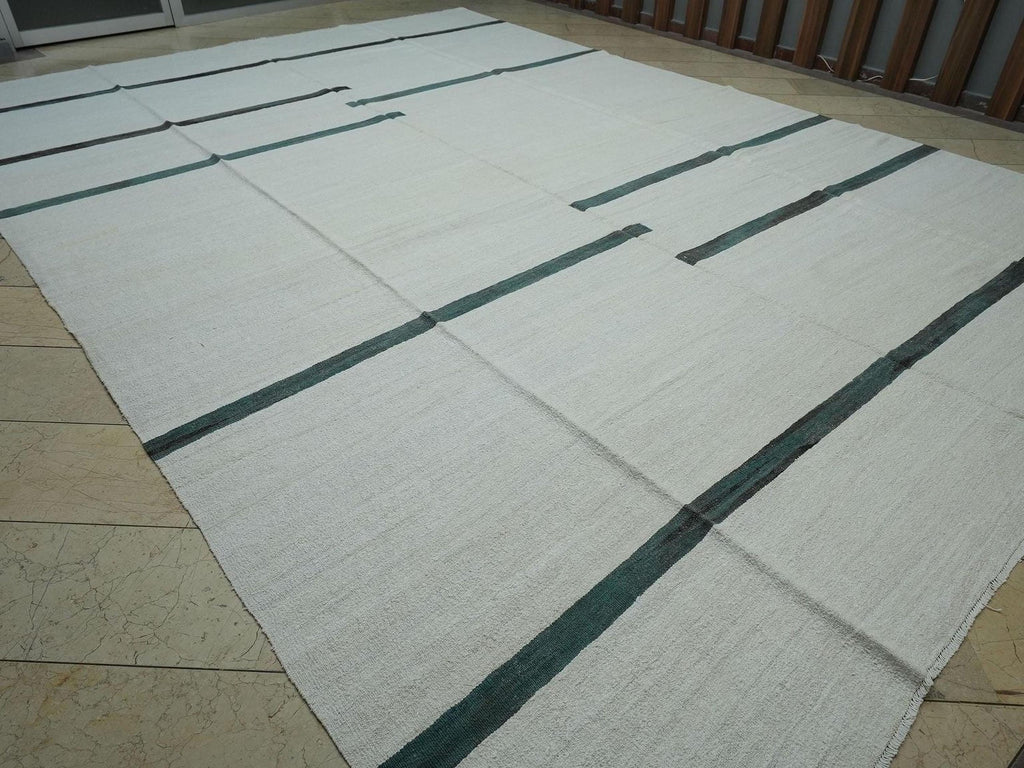 Oversize Mid Century Modern Stripe Hemp Kilim Rug: Vintage Turkish Rugs 11.1"x15'6" Feet.