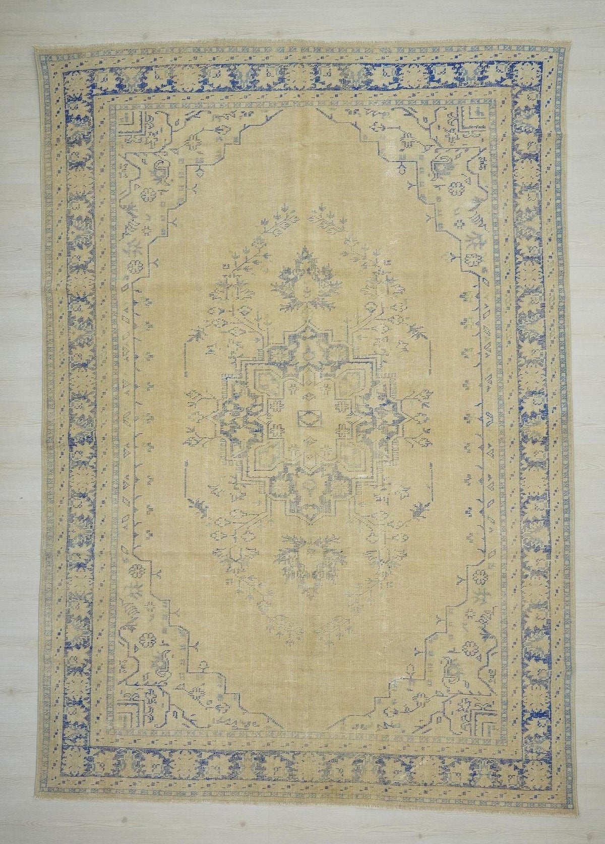 Oversize Vintage Turkish Oushak Rug: Old Handwoven Blue & chickpeas Color Area Rugs.