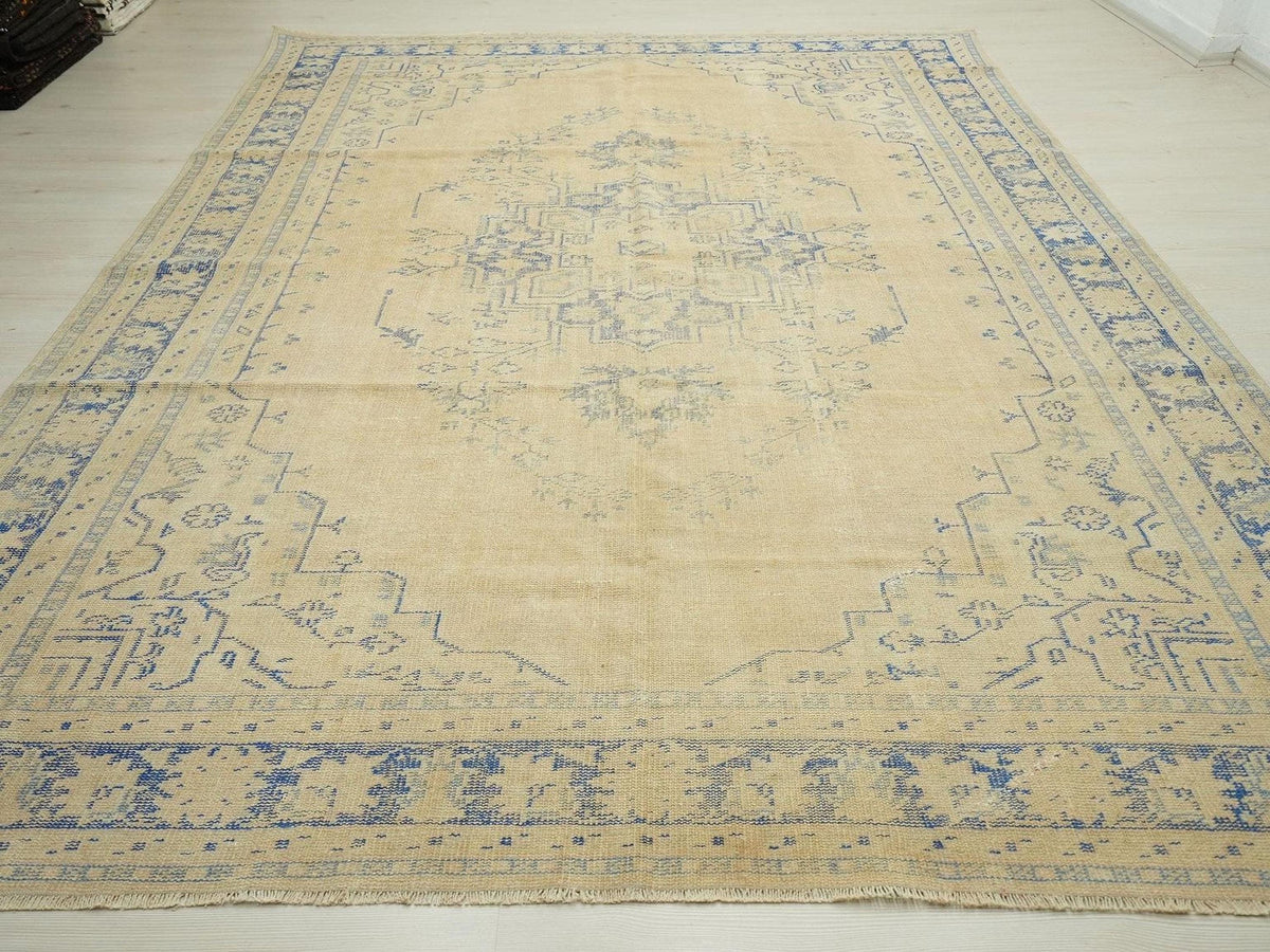 Oversize Vintage Turkish Oushak Rug: Old Handwoven Blue & chickpeas Color Area Rugs.