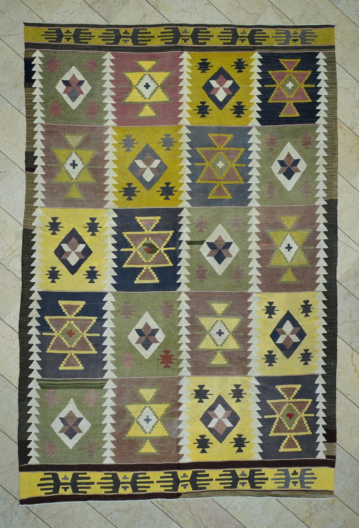 Oversize Kilim Rug: 7.7x11.5 ft, Yellow Purple Flat Weave, Mid-Century Modern Rugs