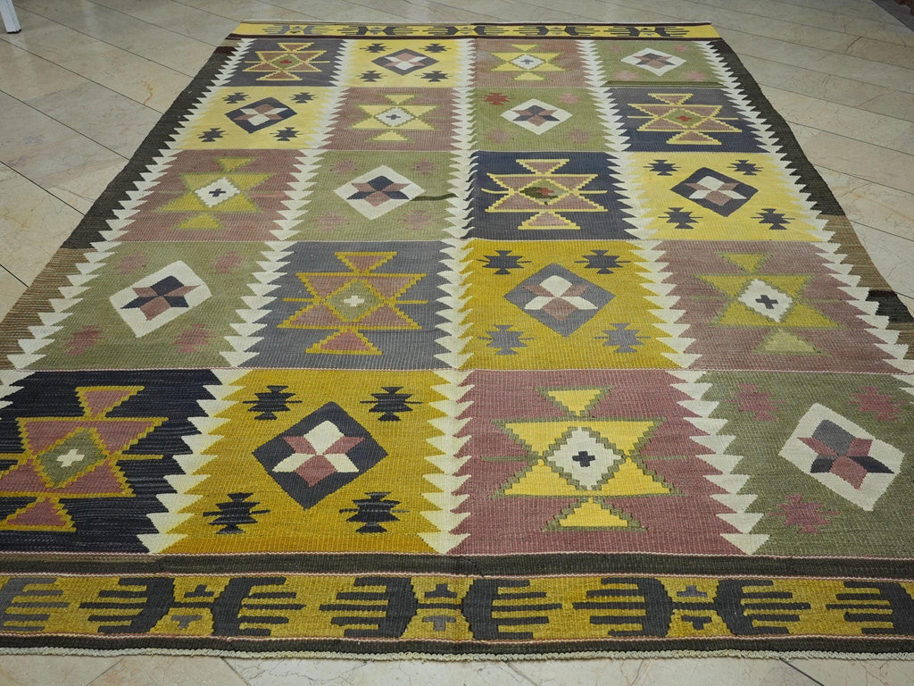 Oversize Kilim Rug: 7.7x11.5 ft, Yellow Purple Flat Weave, Mid-Century Modern Rugs