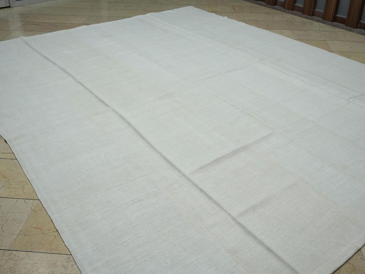 Vintage Hemp Kilim Rug: 9x11 Off White Turkish Flat Weave