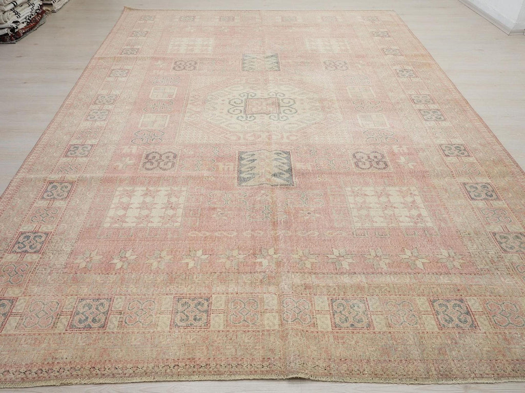 Handmade Turkish Oushak Rug: 8x11 Salmon Pink Wool Carpet