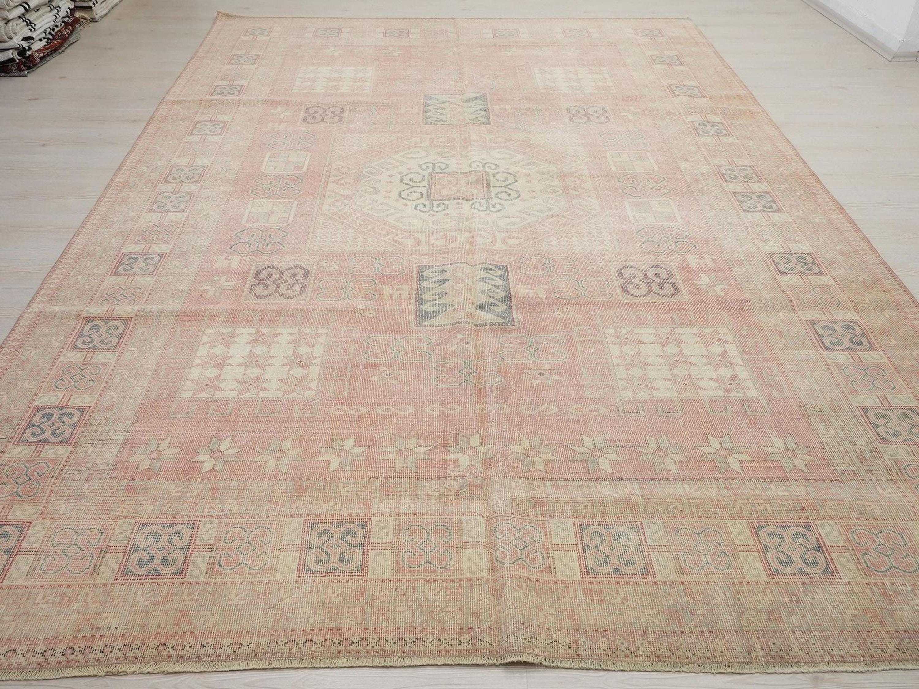 Handmade Turkish Oushak Rug: 8x11 Salmon Pink Wool Carpet