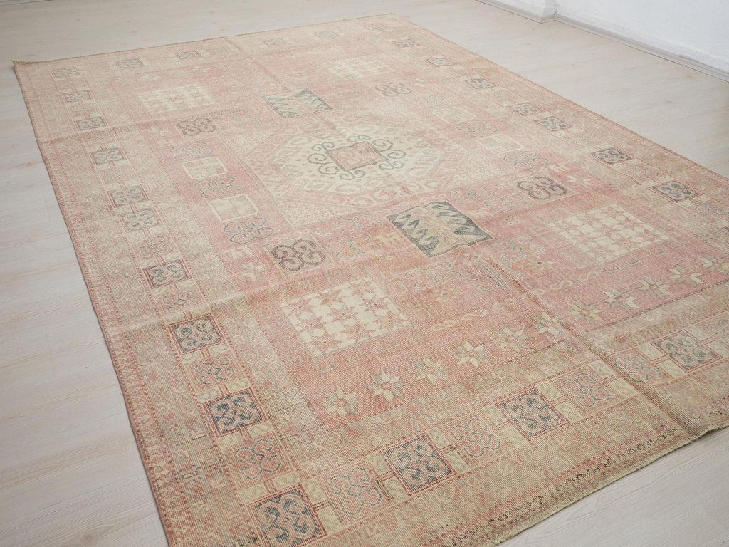Handmade Turkish Oushak Rug: 8x11 Salmon Pink Wool Carpet