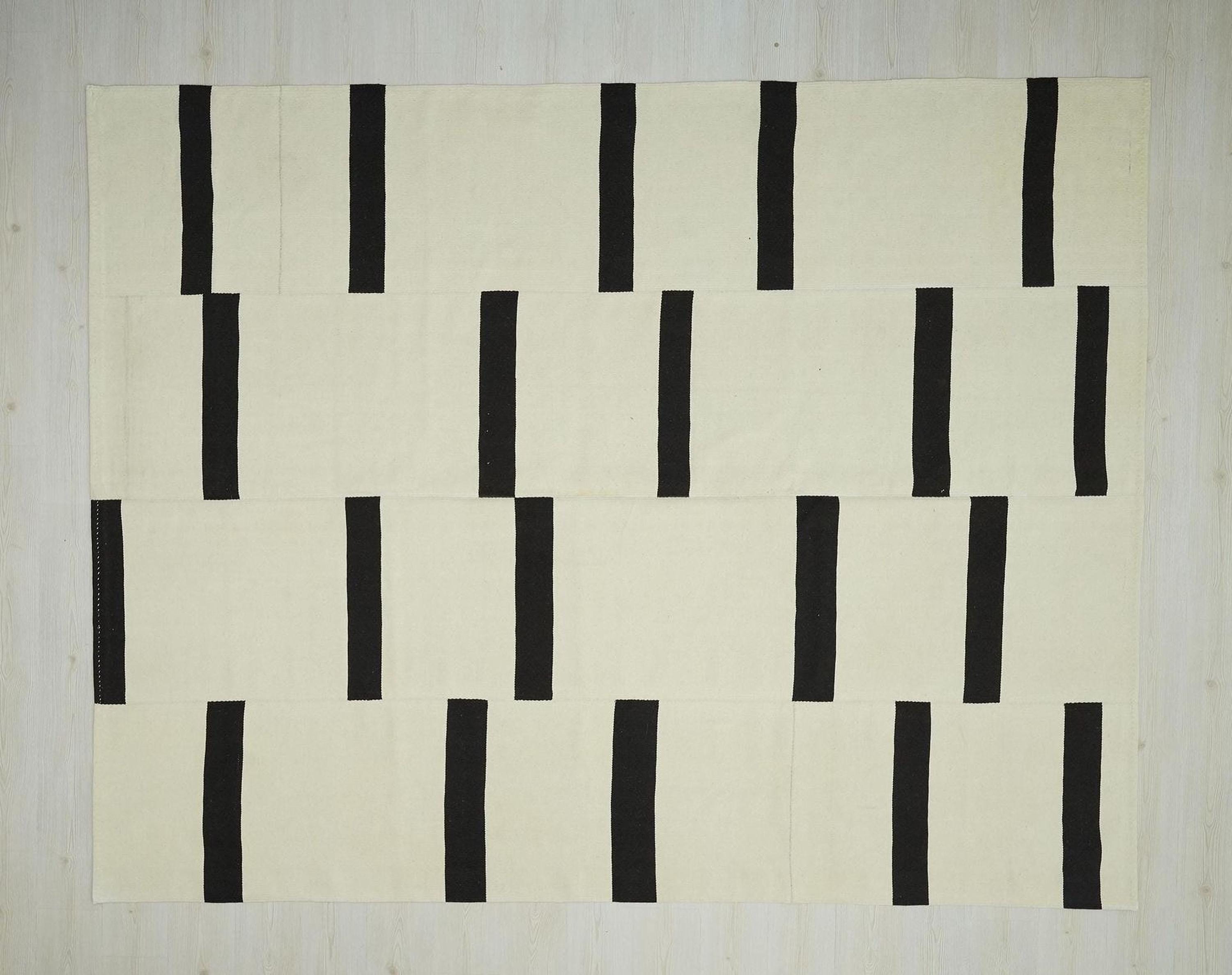 8x10 Black and White Wool Kilim Rug: Scandinavian Minimalist Decor