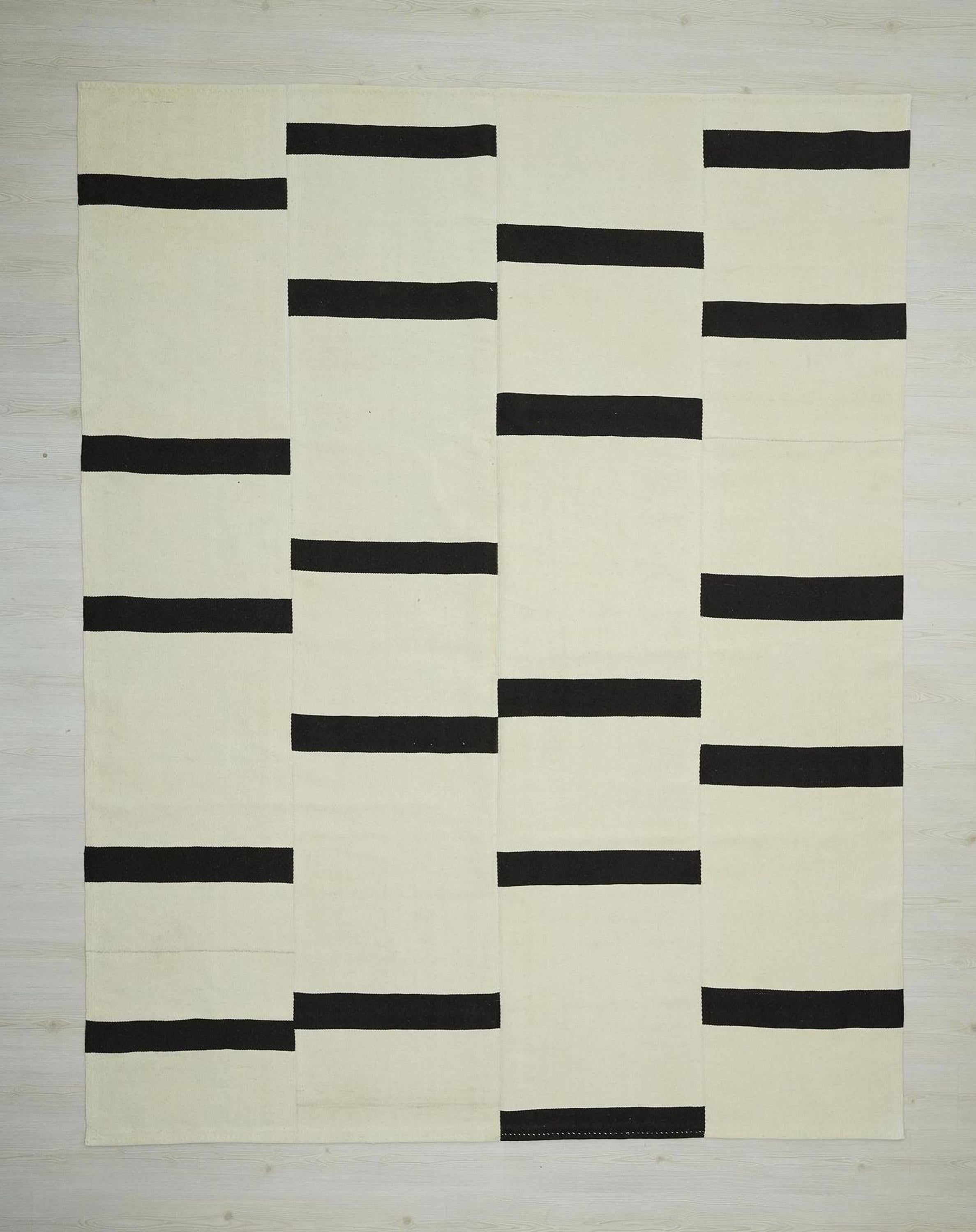 8x10 Black and White Wool Kilim Rug: Scandinavian Minimalist Decor