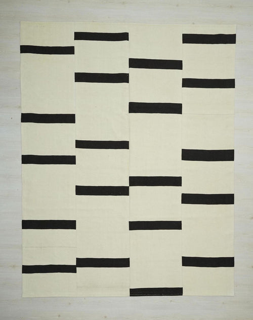 8x10 Black and White Wool Kilim Rug: Scandinavian Minimalist Decor