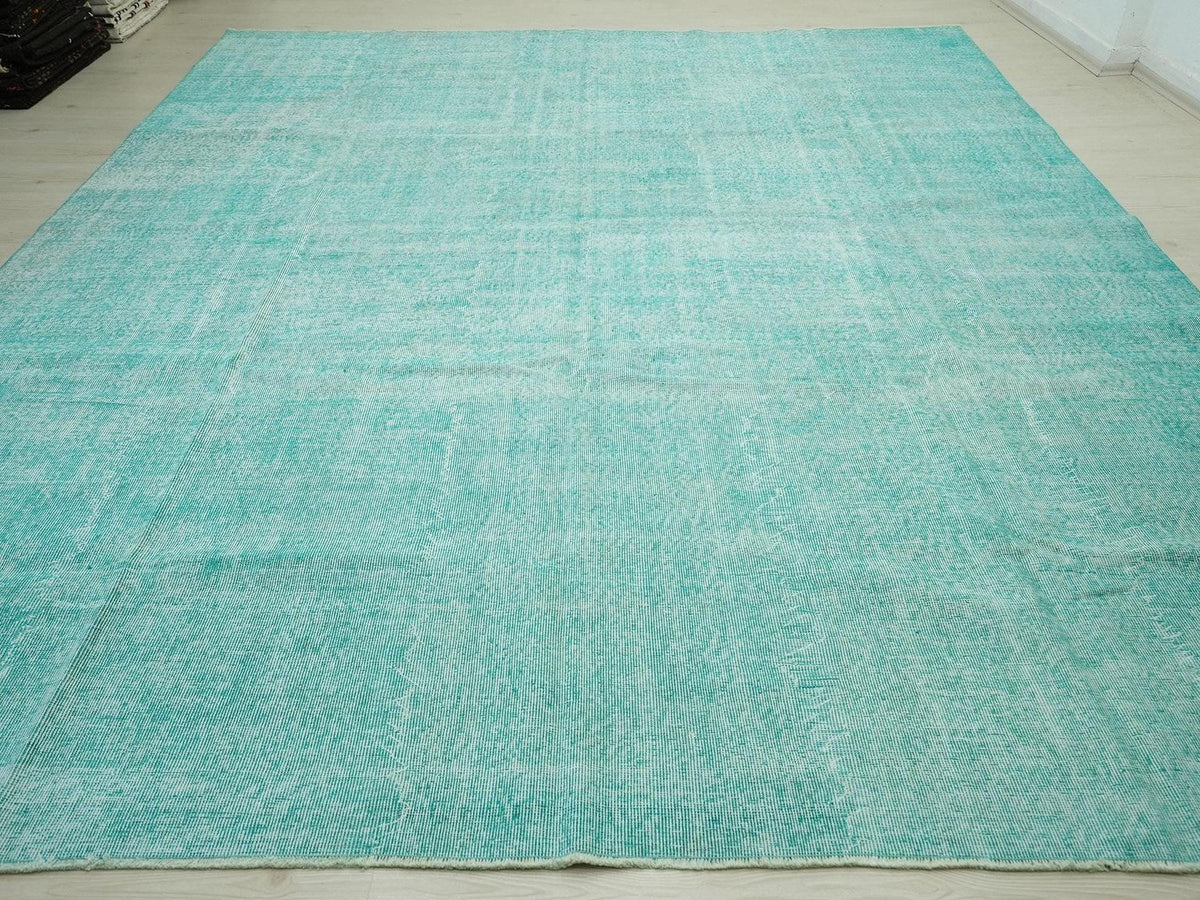 Oversize Turquoise Blue Vintage Oushak Rug 9x12: Handmade Turkish Wool on Cotton Rugs.