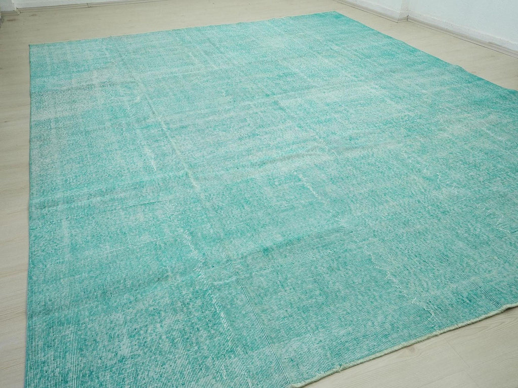 Oversize Turquoise Blue Vintage Oushak Rug 9x12: Handmade Turkish Wool on Cotton Rugs.
