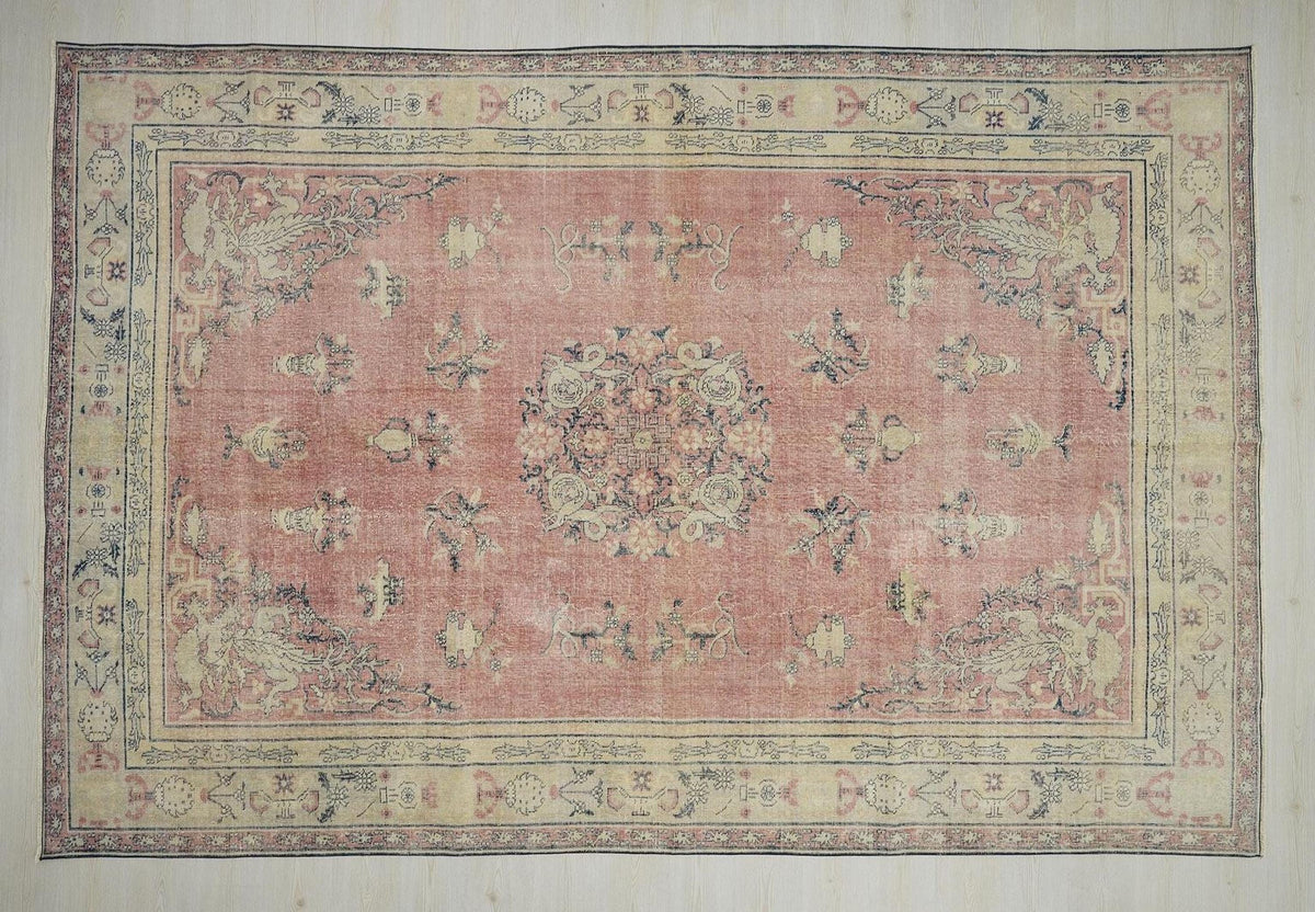 8x12 Oversize Salmon Pink Vintage Turkish Oushak Rug: Handwoven Short Pile Area Carpet Rugs.