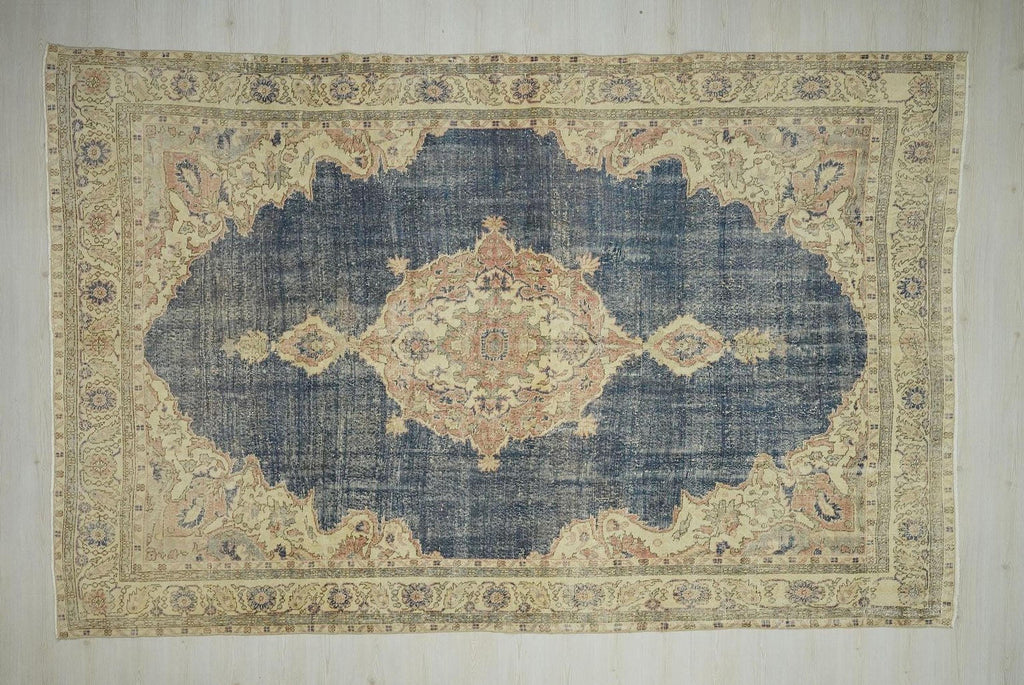 8x12 Oversize Vintage Turkish Oushak Rug: Navy-Blue Handwoven Wool On Cotton Rugs.