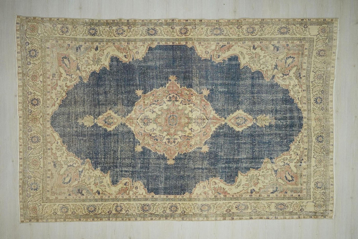8x12 Oversize Vintage Turkish Oushak Rug: Navy-Blue Handwoven Wool On Cotton Rugs.