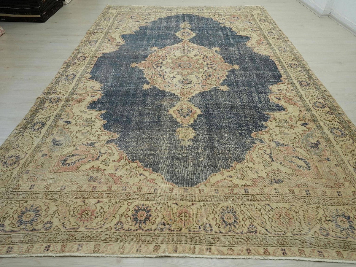 8x12 Oversize Vintage Turkish Oushak Rug: Navy-Blue Handwoven Wool On Cotton Rugs.