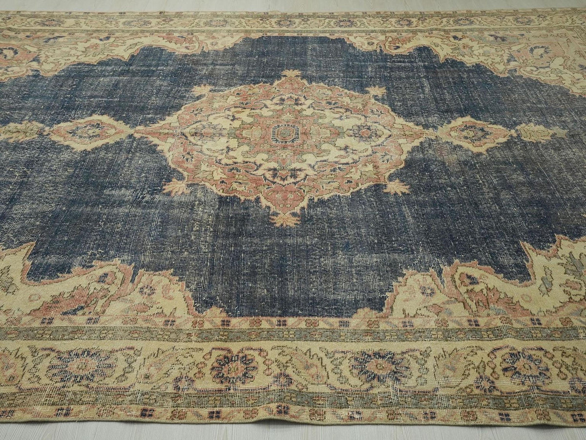 8x12 Oversize Vintage Turkish Oushak Rug: Navy-Blue Handwoven Wool On Cotton Rugs.