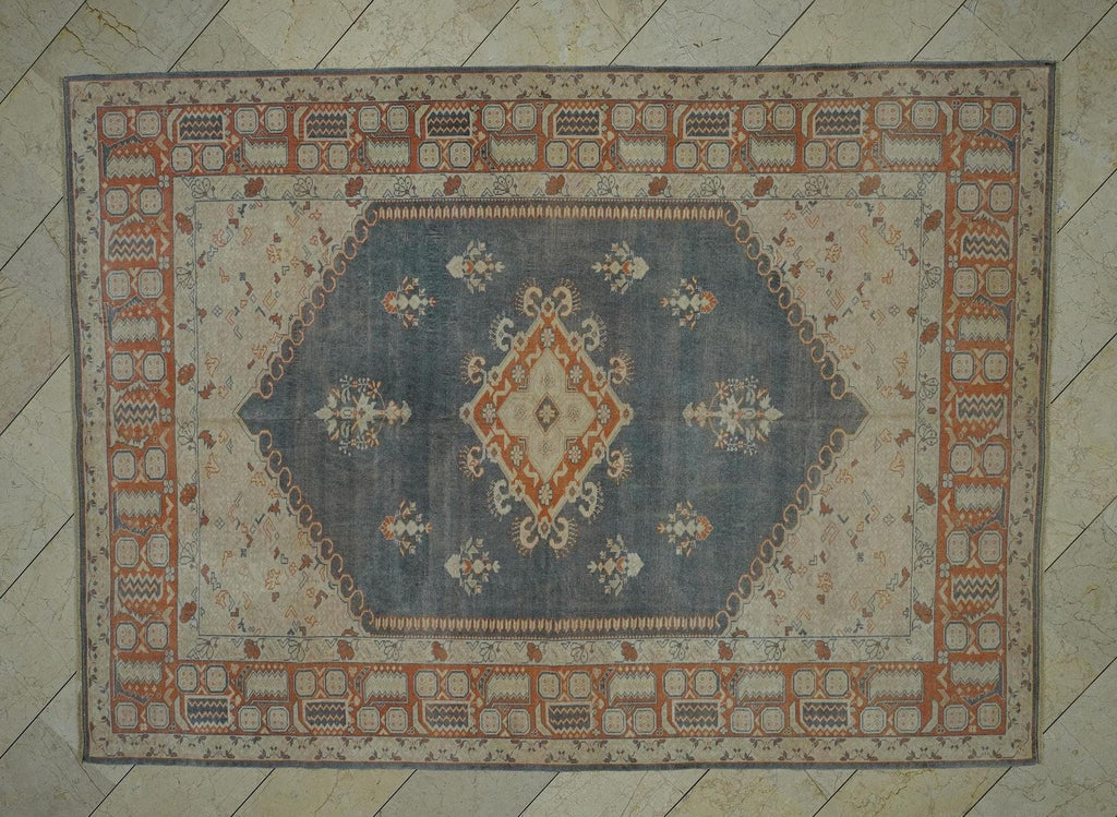 Handmade Wool Vintage Turkish Oushak Rug: 6.5x9  Gray Blue & Terra-cotta Rugs.