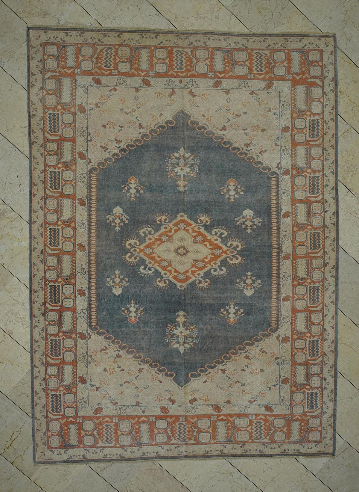 Handmade Wool Vintage Turkish Oushak Rug: 6.5x9  Gray Blue & Terra-cotta Rugs.