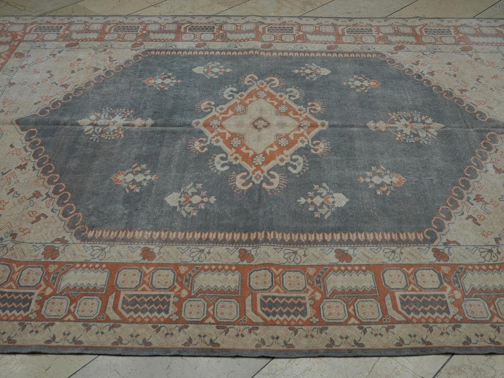 Handmade Wool Vintage Turkish Oushak Rug: 6.5x9  Gray Blue & Terra-cotta Rugs.