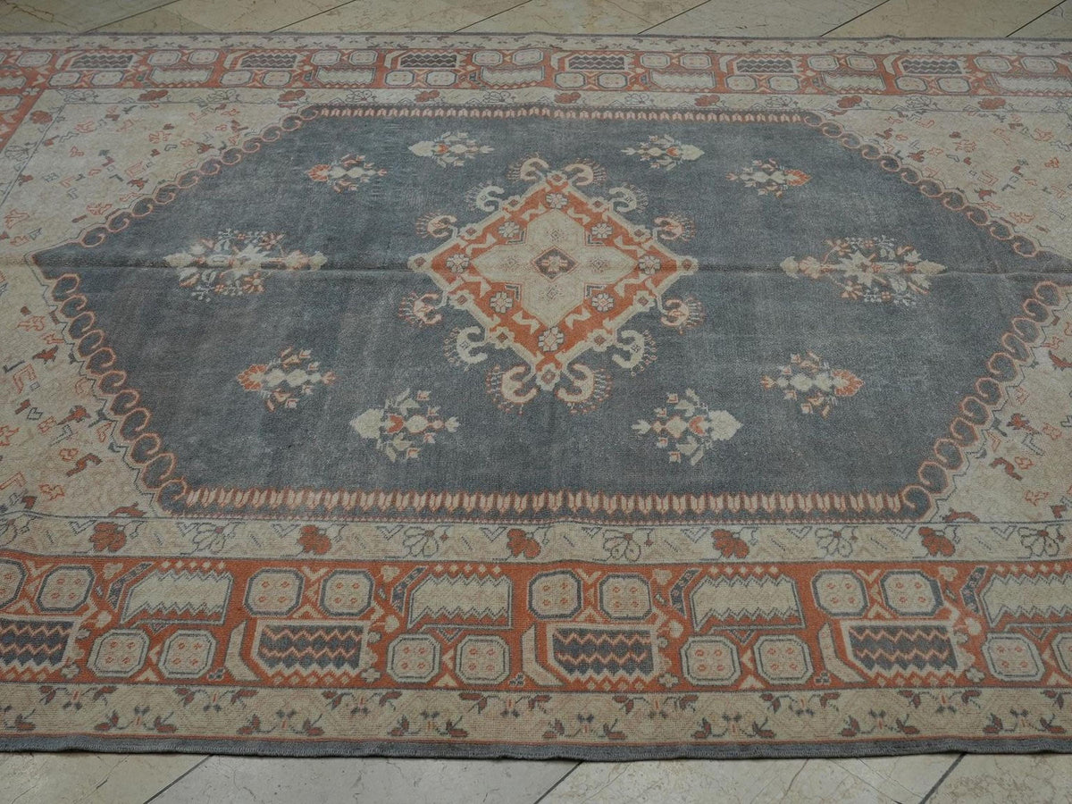 Handmade Wool Vintage Turkish Oushak Rug: 6.5x9  Gray Blue & Terra-cotta Rugs.