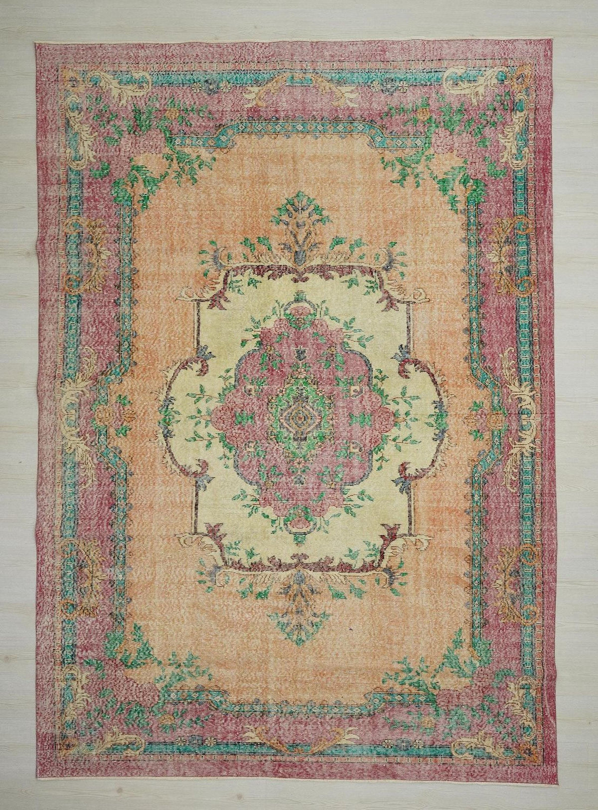 Colorful Vintage Oushak Rug: Mid-Century Modern Turkish Handwoven Rugs, 7,3x10,6 Feet.