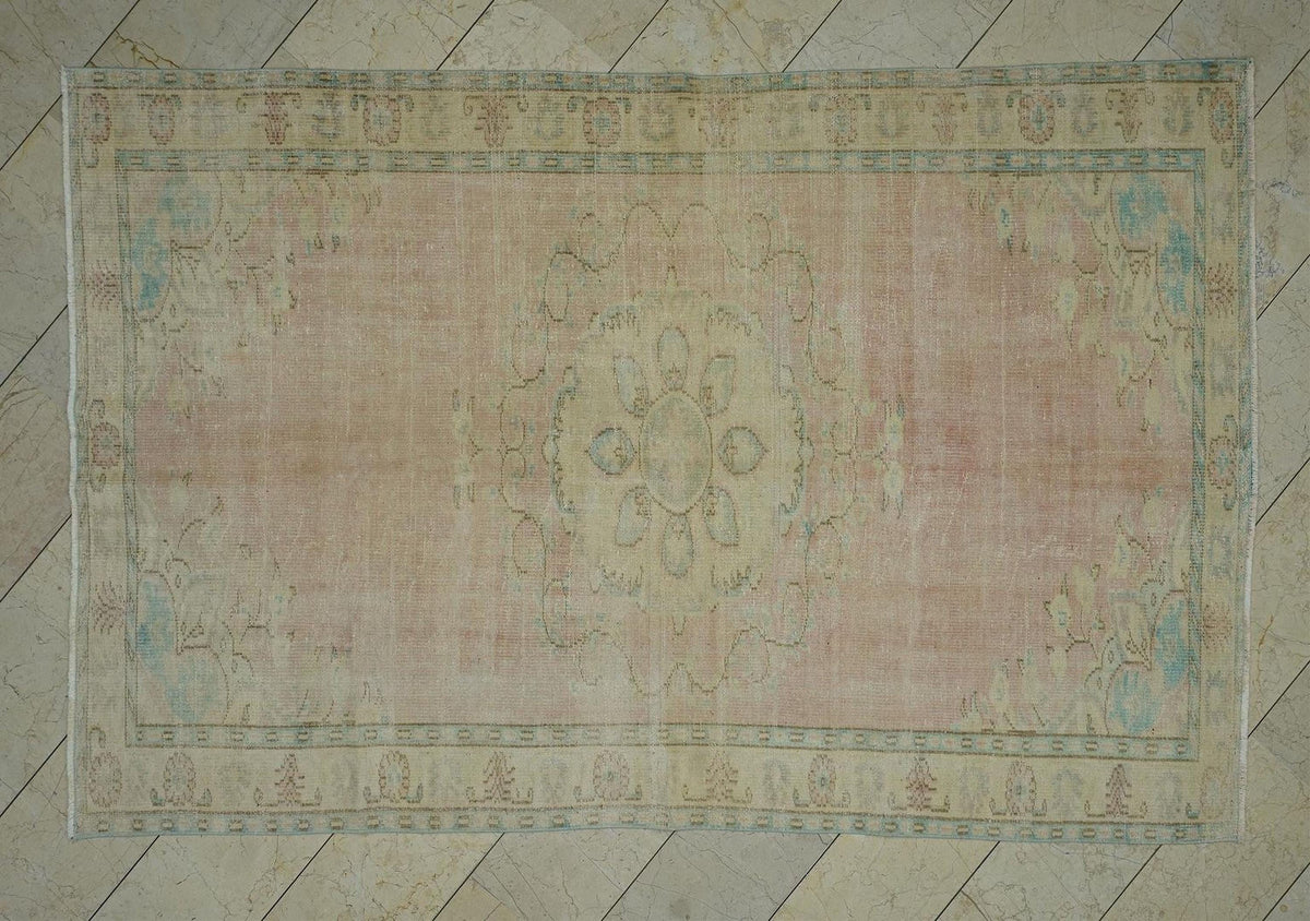 Old Handmade Oushak Rug: 5.6"x9' Feet, Turkish Wool on Cotton Carpet Rugs,
