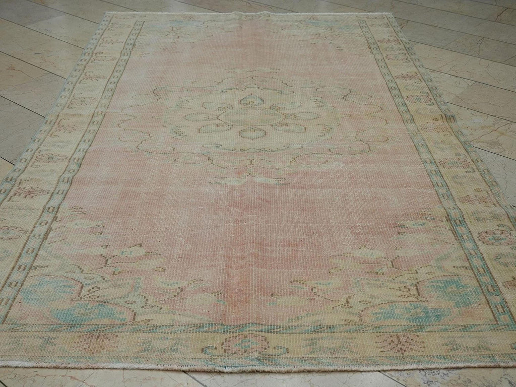 Old Handmade Oushak Rug: 5.6"x9' Feet, Turkish Wool on Cotton Carpet Rugs,