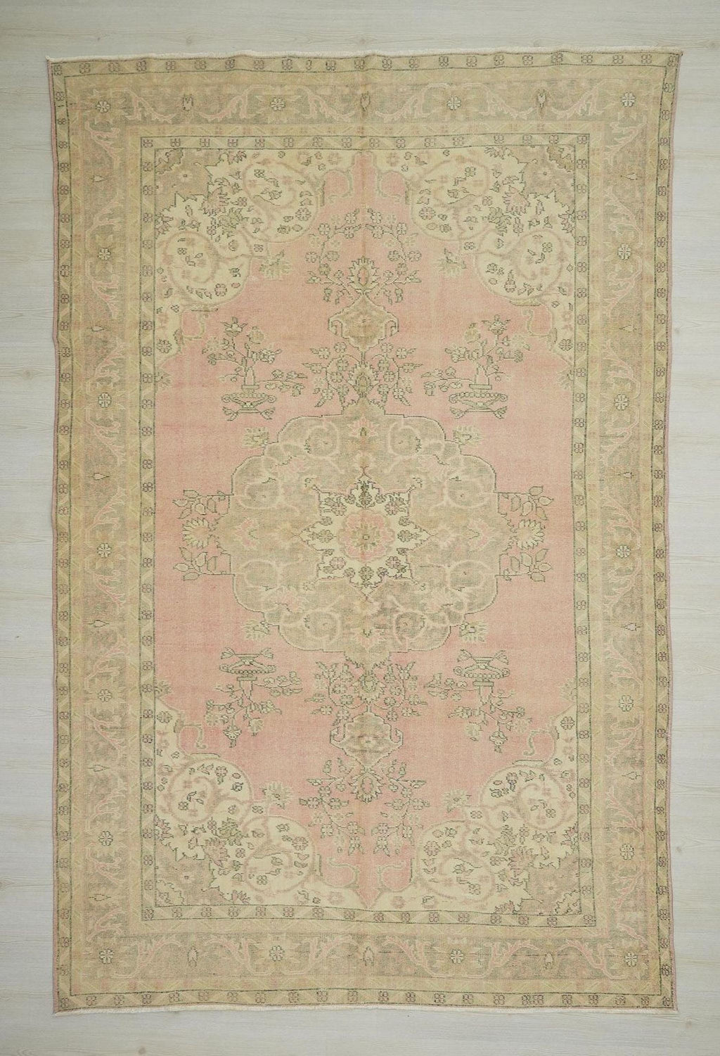 Salmon Pink Oushak Rug: 7x10 Turkish Wool Carpet, Mid-Century Modern Rugs