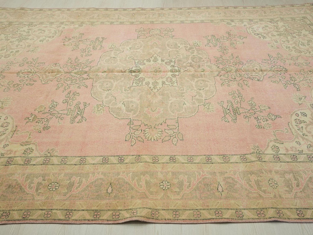 Salmon Pink Oushak Rug: 7x10 Turkish Wool Carpet, Mid-Century Modern Rugs