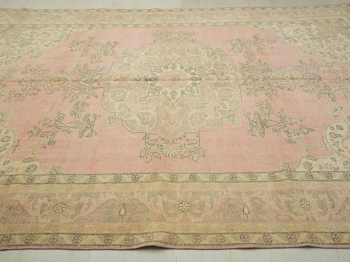 Salmon Pink Oushak Rug: 7x10 Turkish Wool Carpet, Mid-Century Modern Rugs
