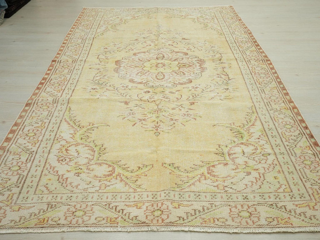 Yellow Mid-Century Modern Oushak Rug: 5.8"x9.2" Feet, Vintage Turkish Wool Rugs.