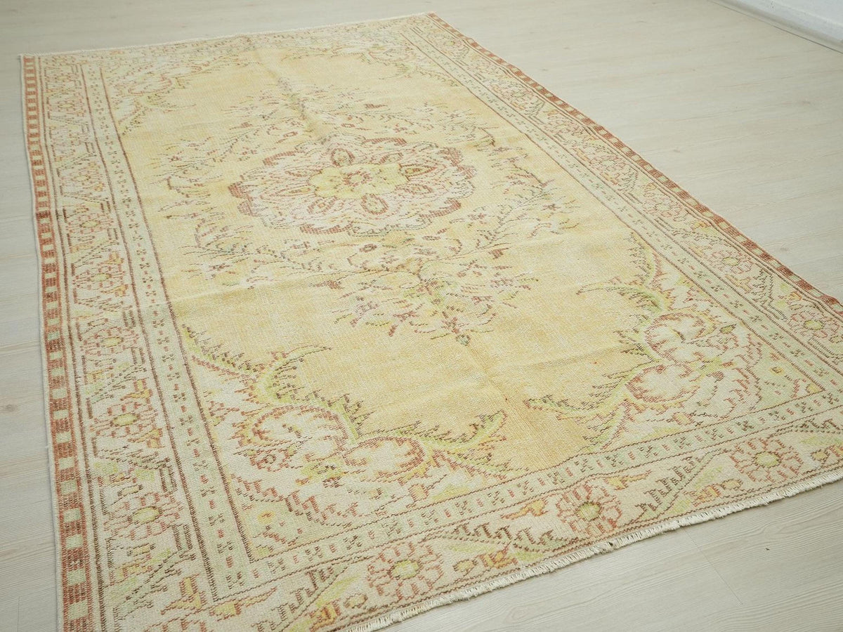 Yellow Mid-Century Modern Oushak Rug: 5.8"x9.2" Feet, Vintage Turkish Wool Rugs.