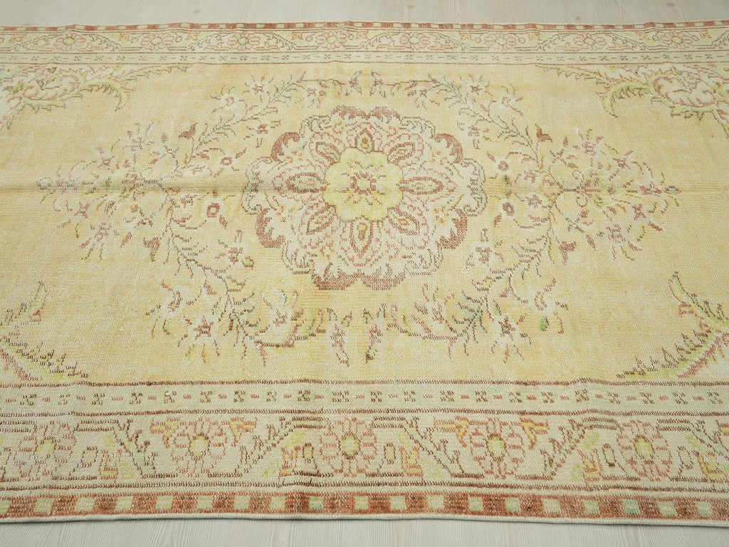 Yellow Mid-Century Modern Oushak Rug: 5.8"x9.2" Feet, Vintage Turkish Wool Rugs.