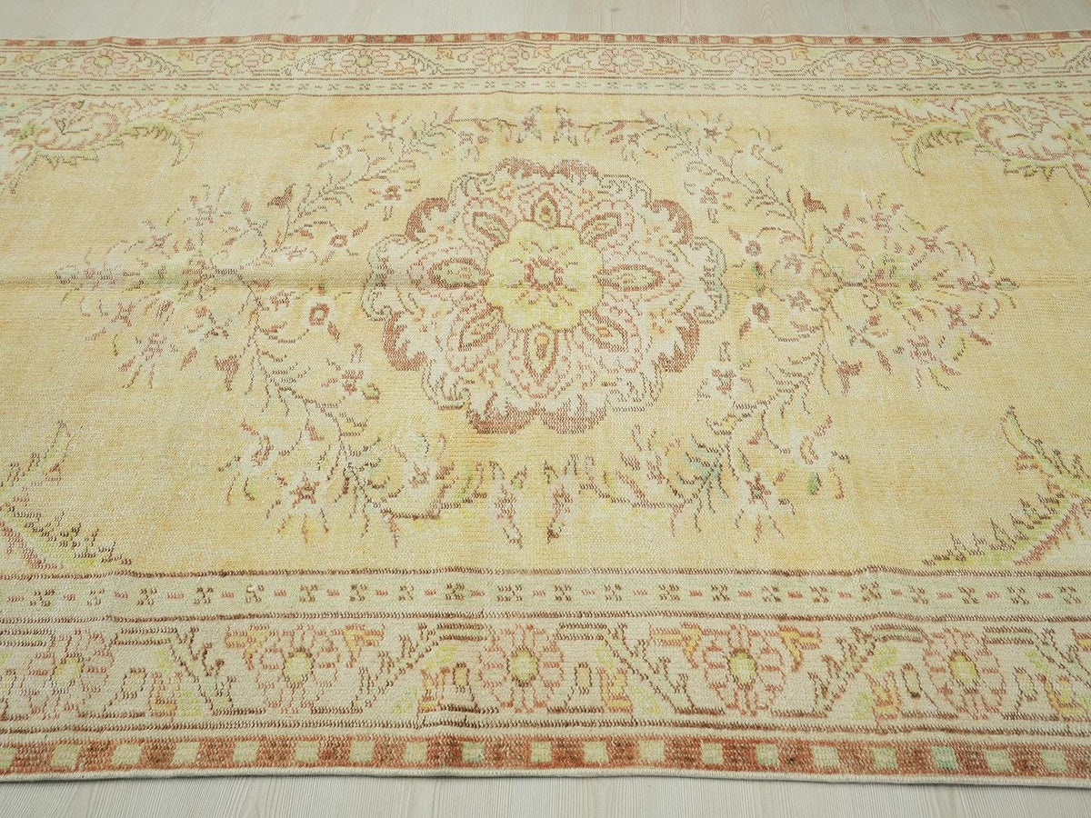 Yellow Mid-Century Modern Oushak Rug: 5.8"x9.2" Feet, Vintage Turkish Wool Rugs.