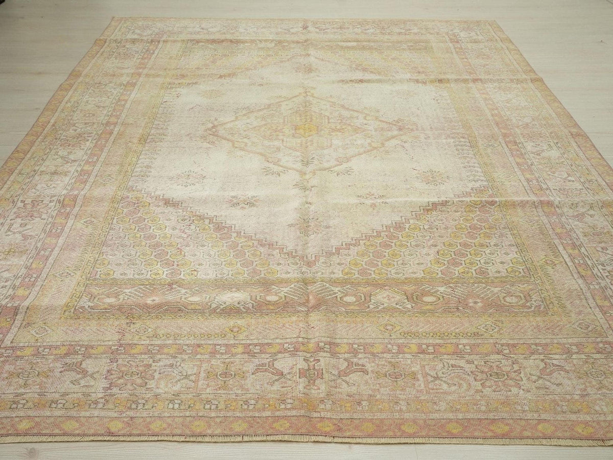Vintage Turkish Oushak Rug 7x9: Pastel Wool, Mid-Century Modern Decor Rugs