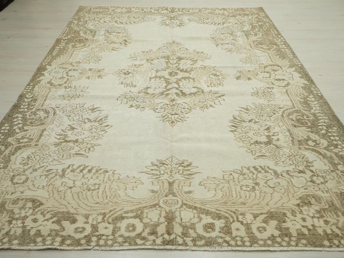 Vintage Turkish Oushak Carpet Rug: Beige Brown Mid Century Modern Rugs,6.2"x9.1" Feet.
